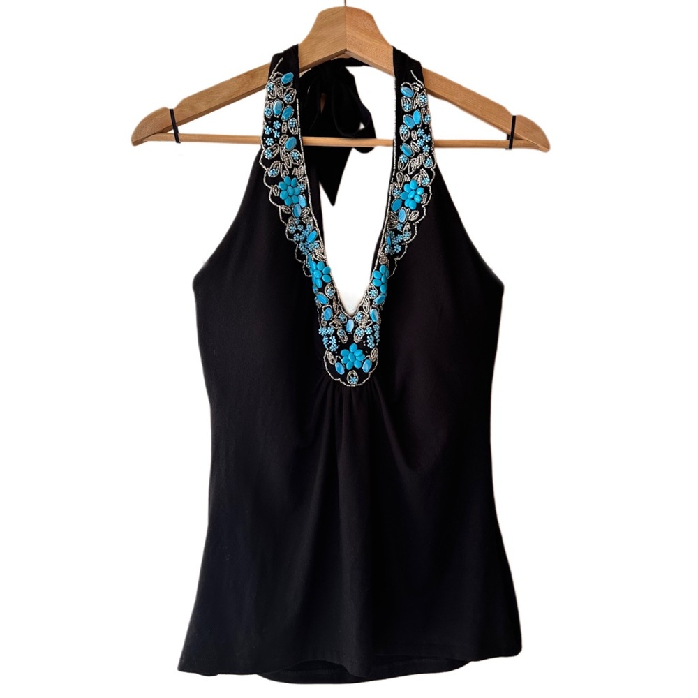 Vintage NWT Cache Black Halter Top with Blue Embroidery